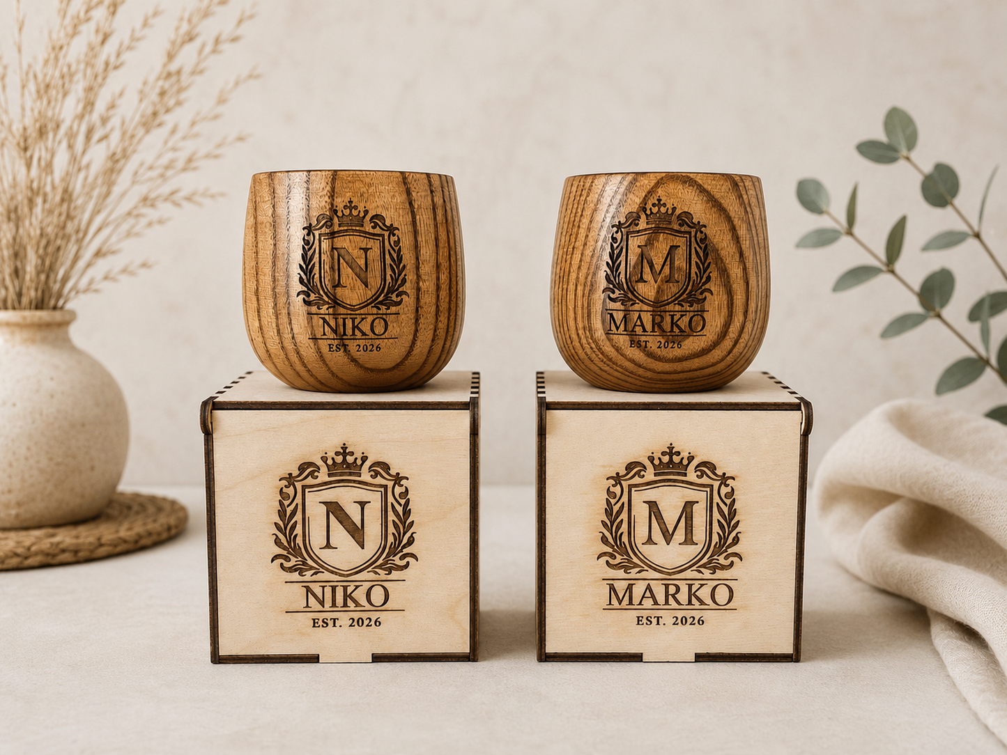 Personalized Wooden Whiskey Cup, Engraved Groomsmen Gift, Rustic Wood Mug