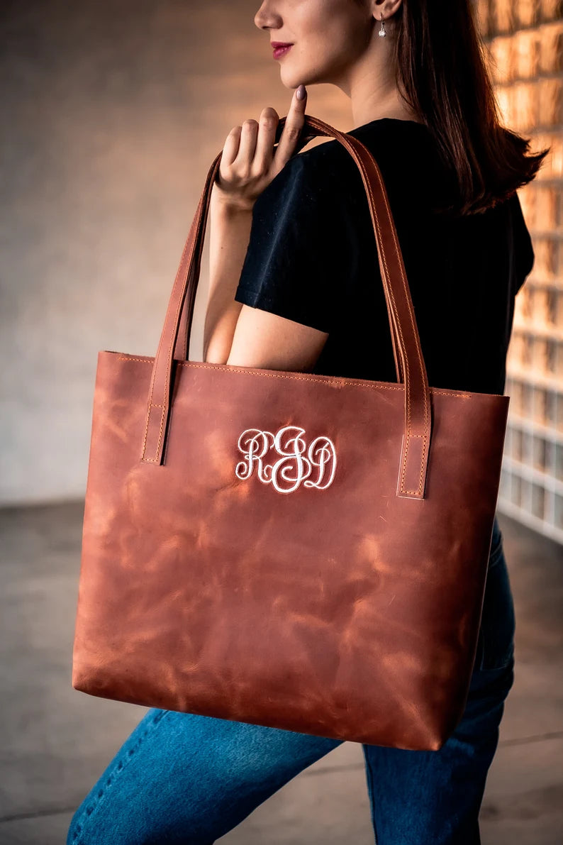 Personalized Tote Bag for Women, Genuine Leather Tote Bag, Personalized Monogram Tote Bags, Embroidery Monogram Leather Purse, Copper