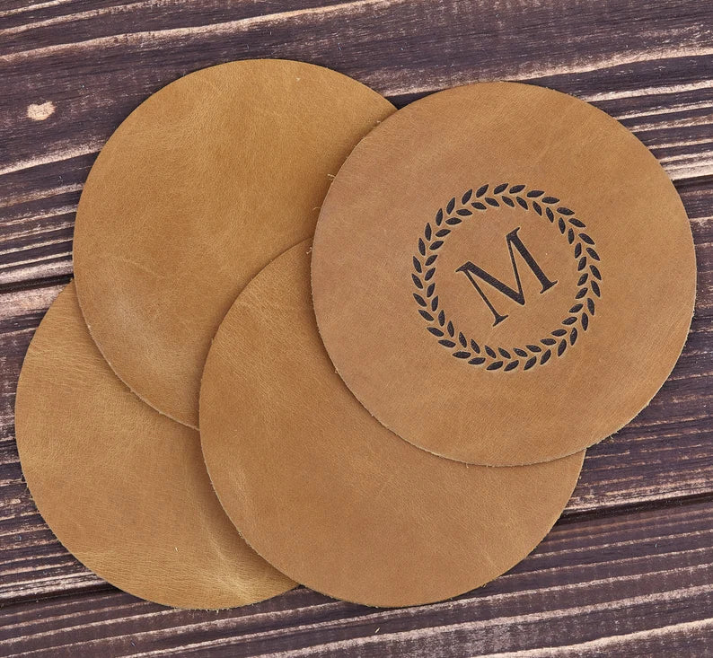 Personalized Leather Coasters Set of 4, Company Gift, Monogram Coaster, Custom Leather Coasters