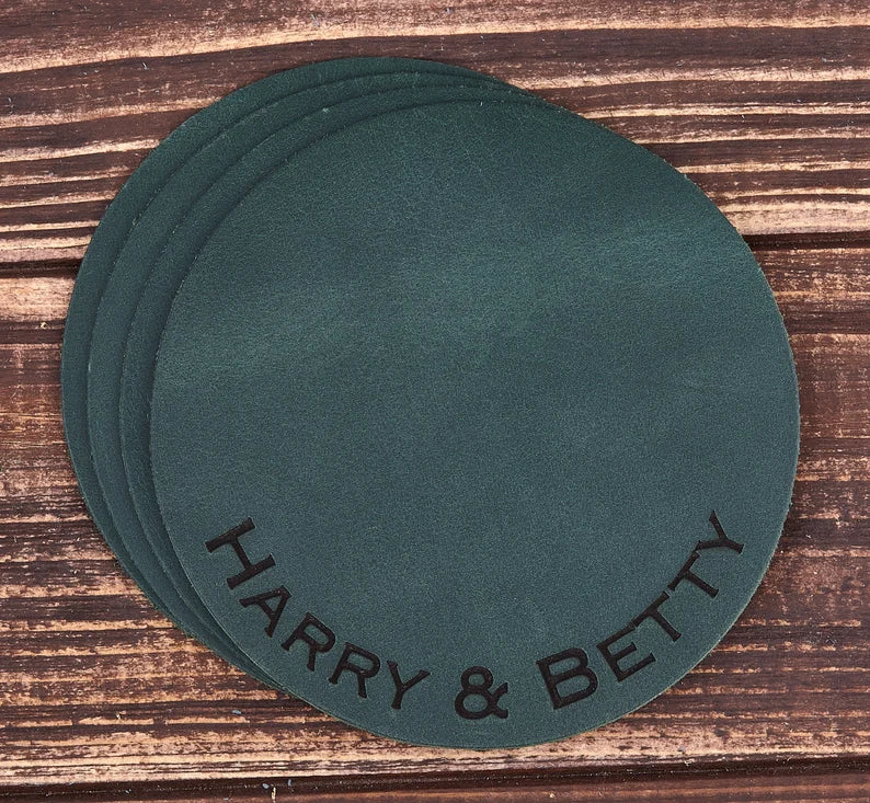 Personalized Leather Coasters Set of 4, Company Gift, Monogram Coaster, Custom Leather Coasters