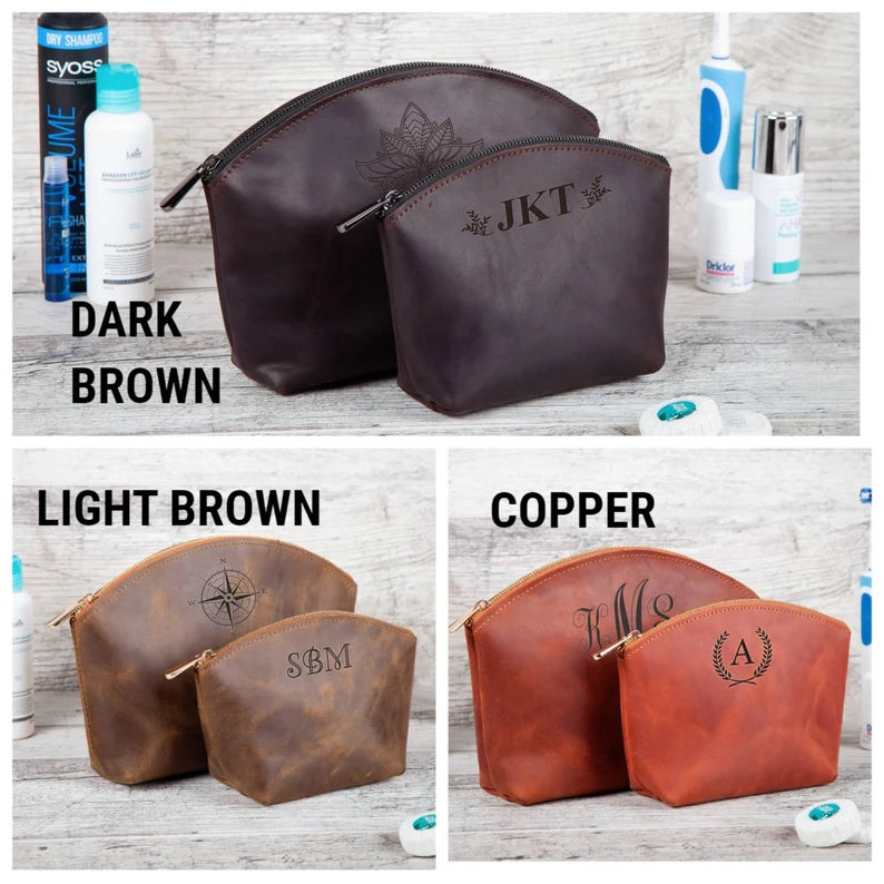 Leather Purse, Genuine Leather Makeup Bag, Personalized Leather Makeup Bag, Bridesmaid Gift Makeup Bag, Cosmetics Bag, Gift for Girlfriend