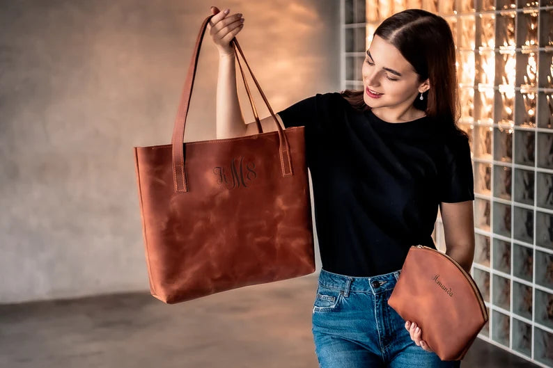 Personalized Leather Tote Bag, Brown Tote Bags for Women, Anniversary Gift Tote With Zipper Gift for Her, Leather Purse Shoulder Bag