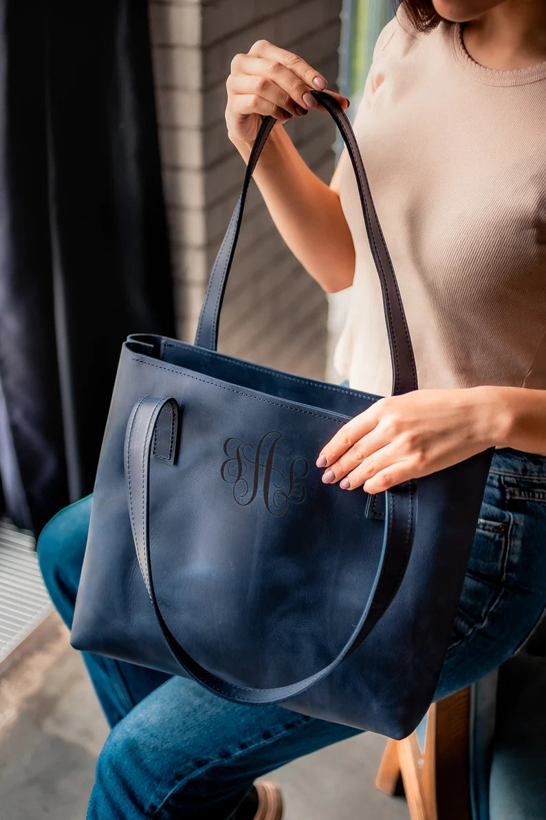 Handcrafted Leather Tote bag, Laptop Work Student Bag, Tote w Zipper and Pocket, Personalized Leather Purse Shoulder Bag by Rachiba