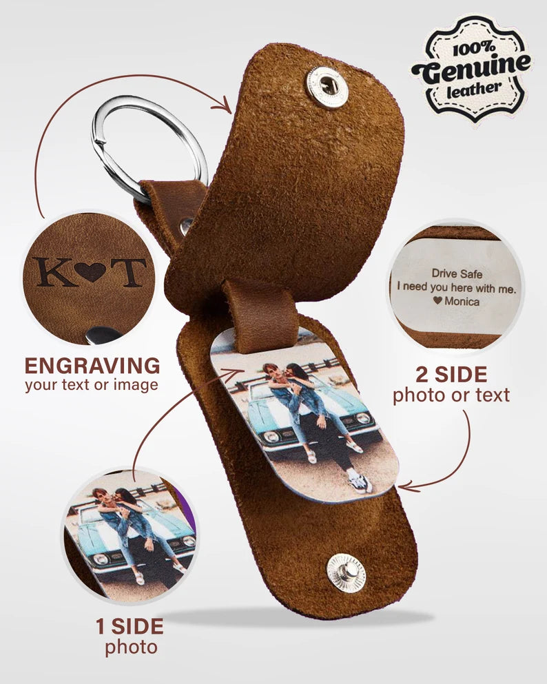 Personalized leather keychain for men, Fathers day gift, Picture keychain for boyfriend gift, Long distance relationship gift for boyfriend