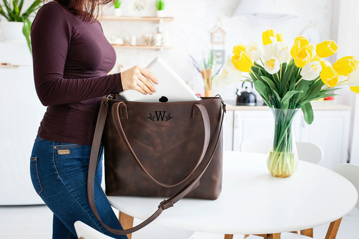 Leather tote bag for women, Shoulder tote bag with zipper, Leather shopper bag, Tote bag, Customization tote bags