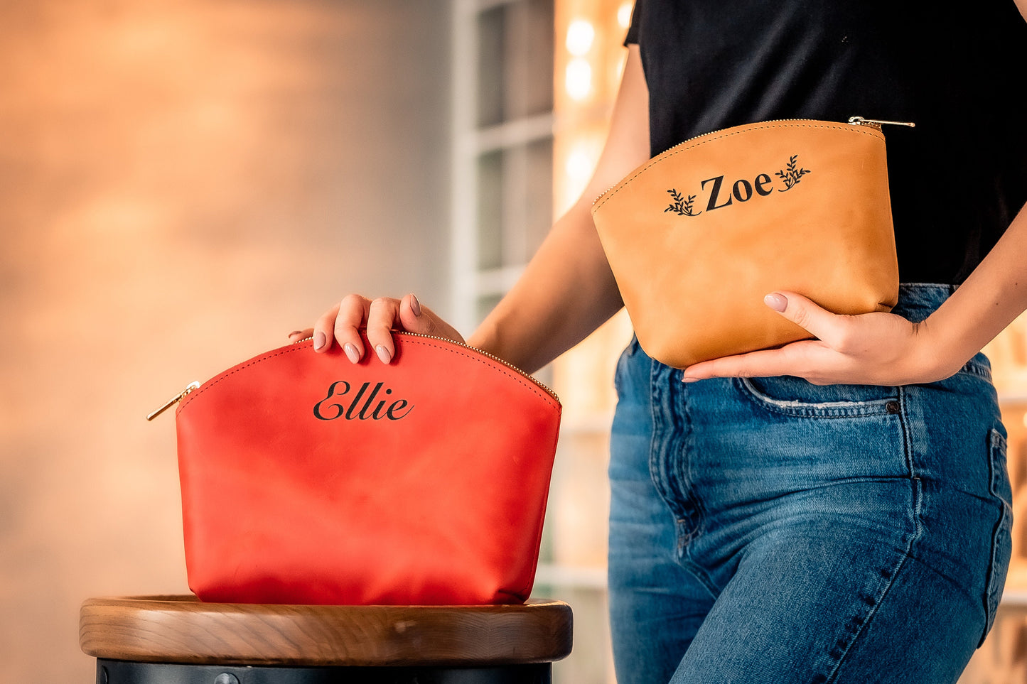 Leather Purse, Genuine Leather Makeup Bag, Personalized Leather Makeup Bag, Bridesmaid Gift Makeup Bag, Cosmetics Bag, Gift for Girlfriend