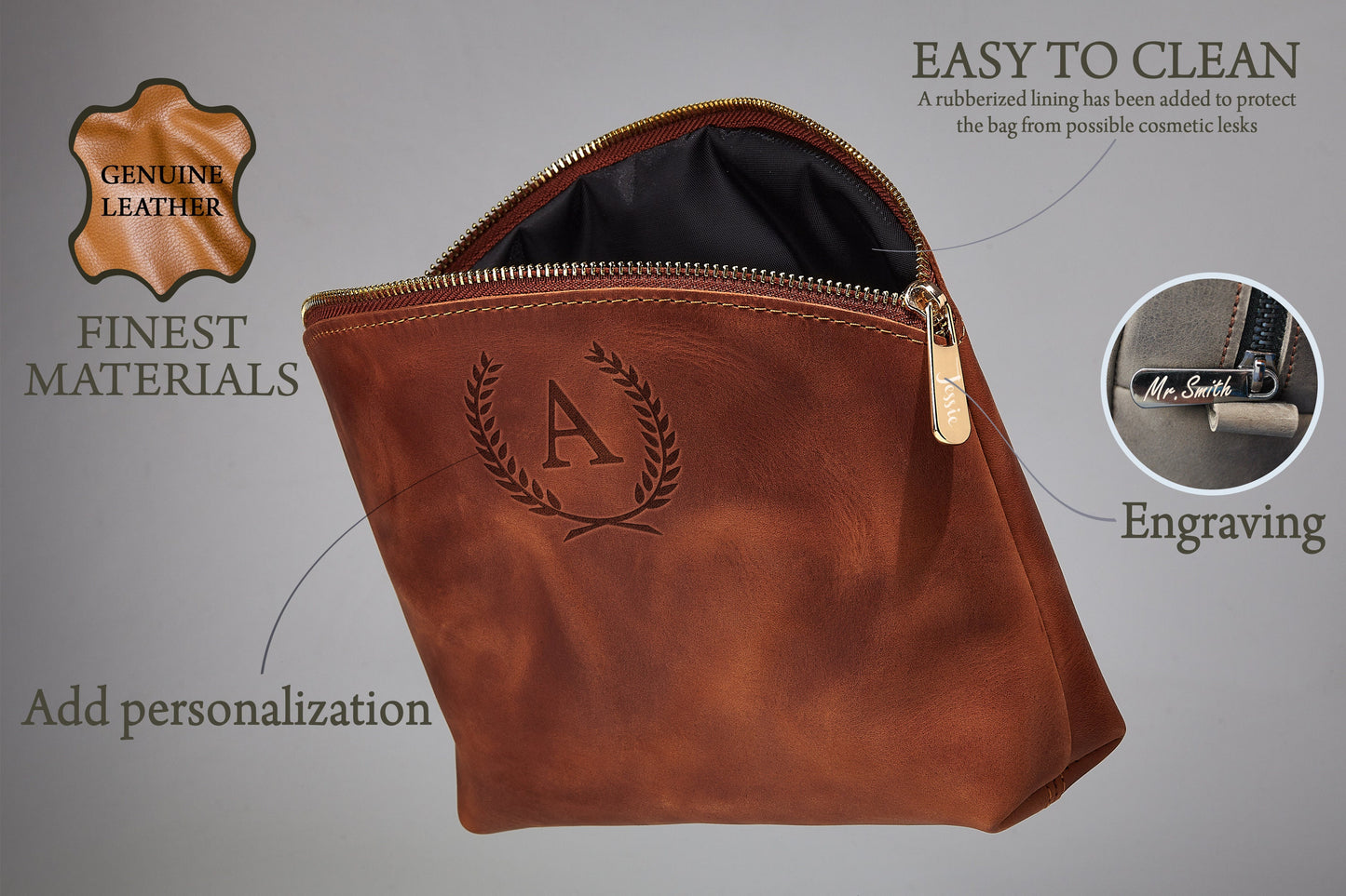 Leather Purse, Genuine Leather Makeup Bag, Personalized Leather Makeup Bag, Bridesmaid Gift Makeup Bag, Cosmetics Bag, Gift for Girlfriend