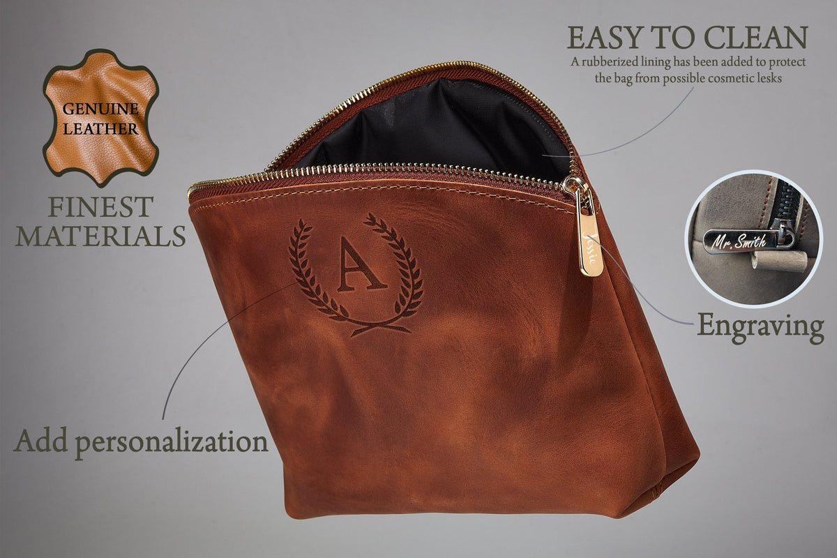 Personalized Genuine Leather Makeup Bag