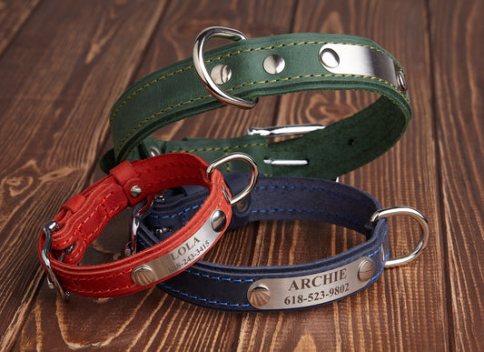 Green Personalized Dog Collar, Leather Dog Collar Black, Personalized Red Leather Dog Collar, Engraved Copper Leather Dog Collar