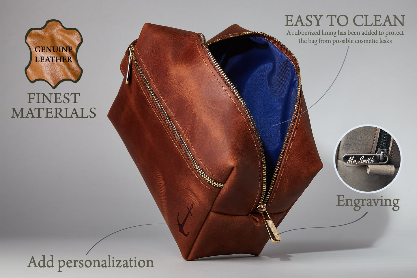 Personalized men's accessory bag, engraved gifts for men, hanging leather doppa set for men, men's leather bathroom bag