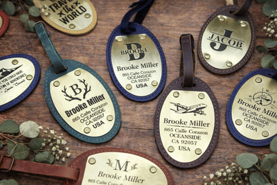 Personalized Oval Leather Luggage Tag – Engraved Brass Plate — image 1