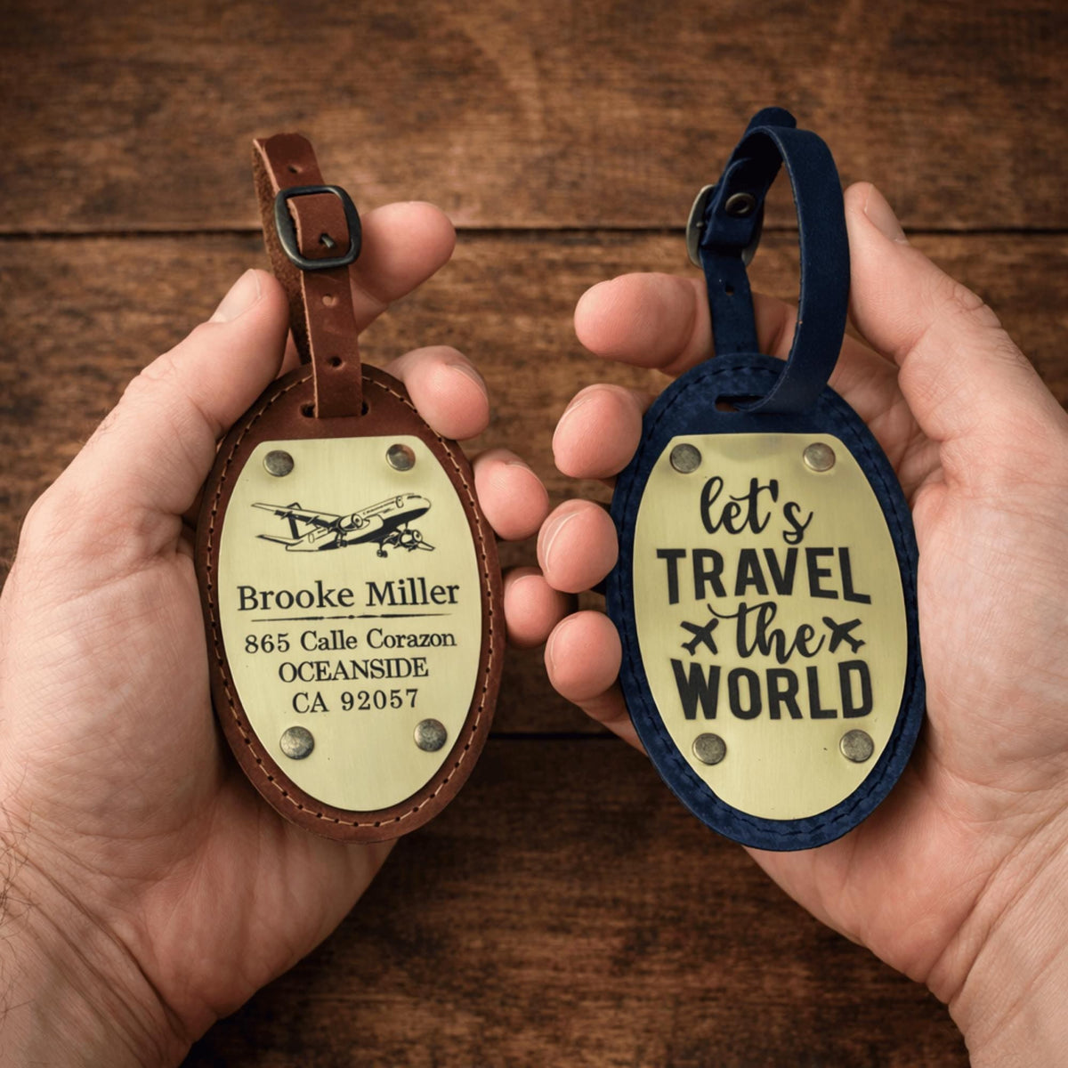 Personalized Oval Leather Luggage Tag – Engraved Brass Plate — image 2