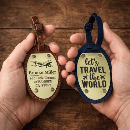 Personalized Oval Leather Luggage Tag – Engraved Brass Plate — image 2
