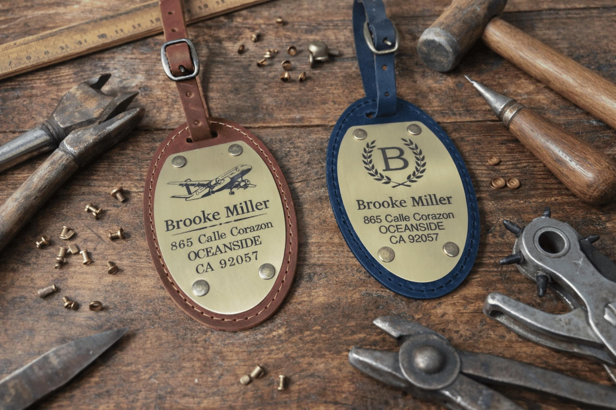 Personalized Oval Leather Luggage Tag – Brass Nameplate — image 3