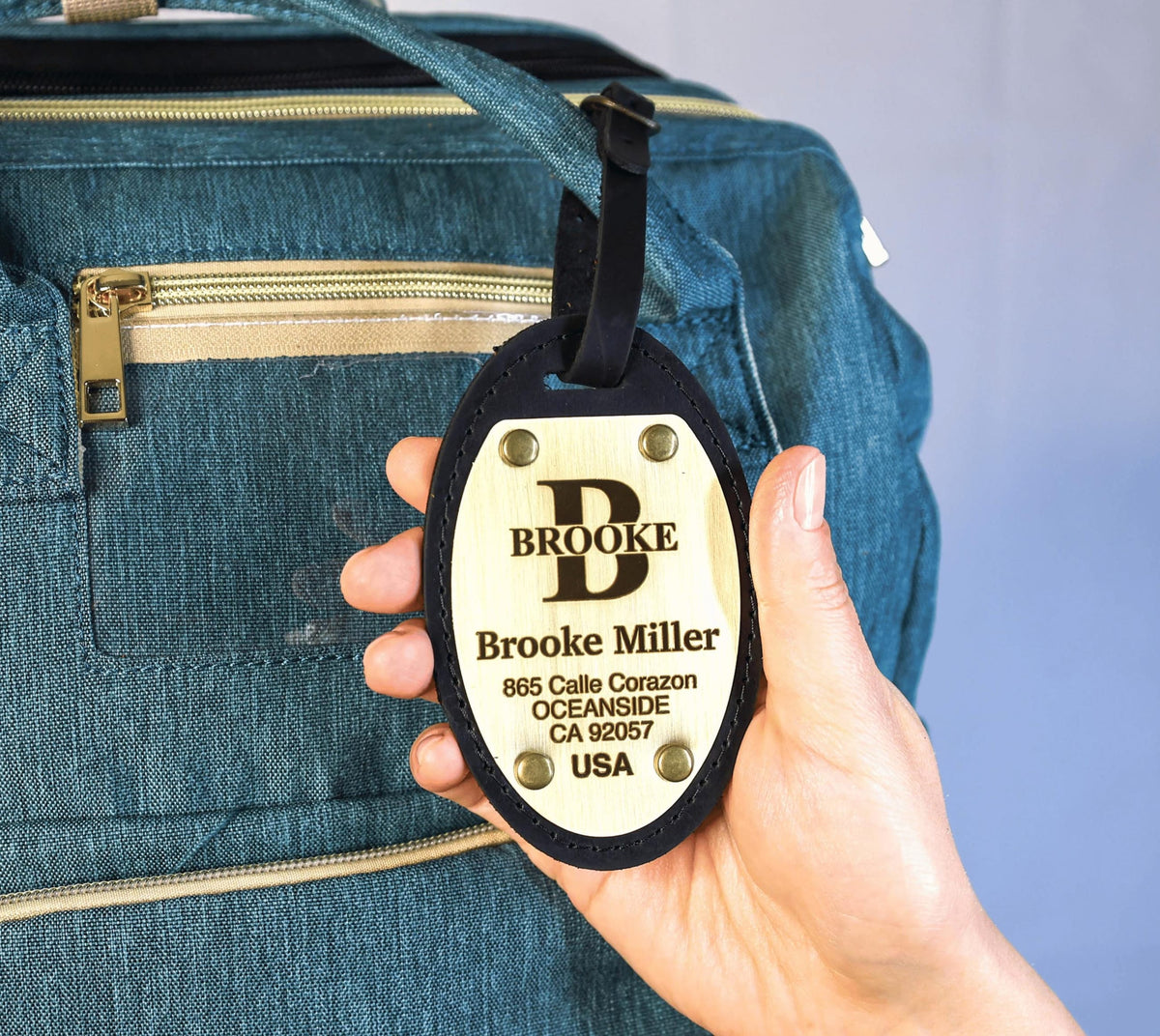 Personalized Oval Leather Luggage Tag – Brass Nameplate — image 9