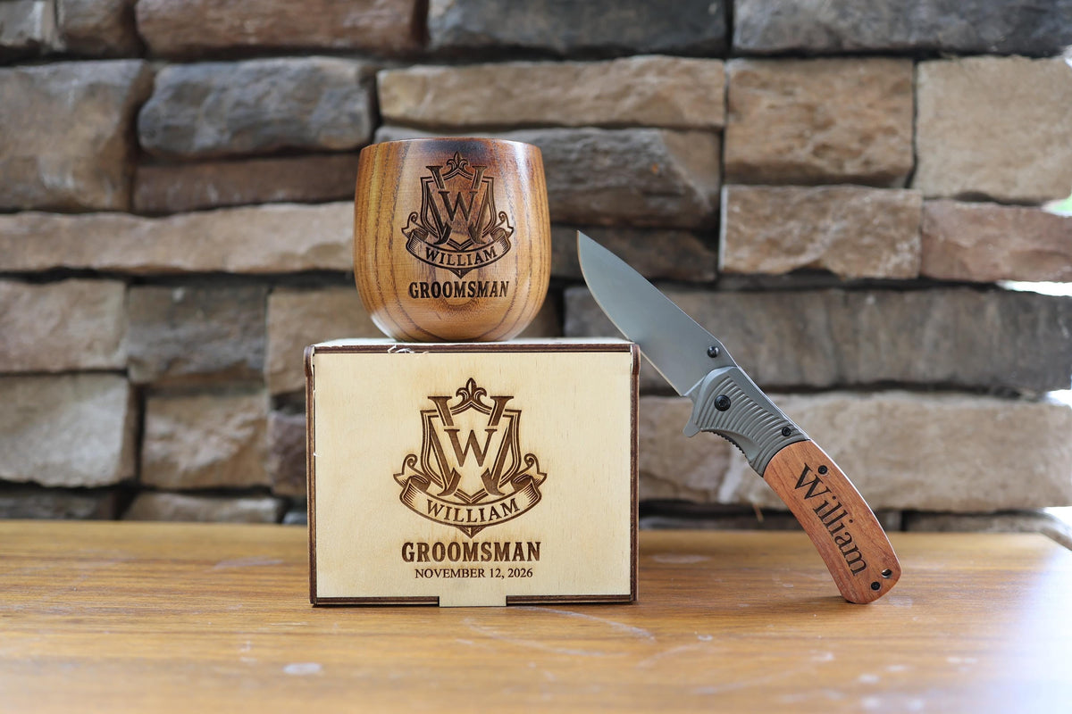 Personalized Groomsmen Gift Set – Whiskey Cup, Knife & Box — image 1
