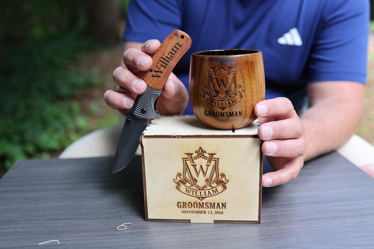 Personalized Groomsmen Gift Set – Whiskey Cup, Knife & Box — image 2