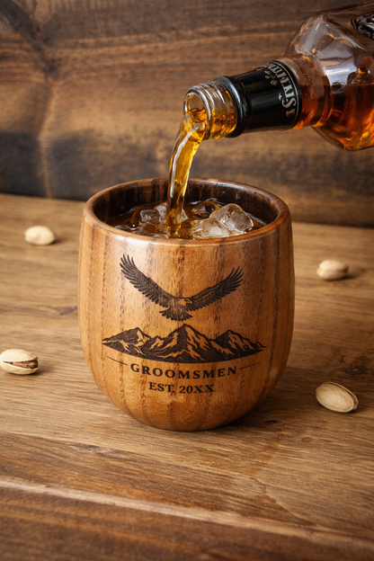 Personalized Wooden Whiskey Cup, Engraved Groomsmen Gift, Rustic Wood Mug