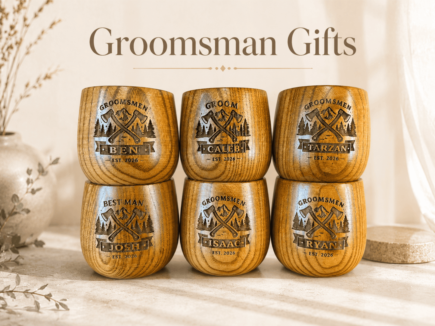Personalized Wooden Whiskey Cup, Engraved Groomsmen Gift, Rustic Wood Mug
