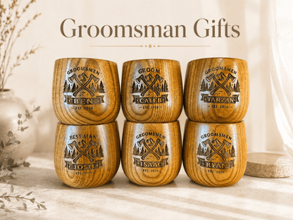 Personalized Wooden Whiskey Cup, Engraved Groomsmen Gift, Rustic Wood Mug