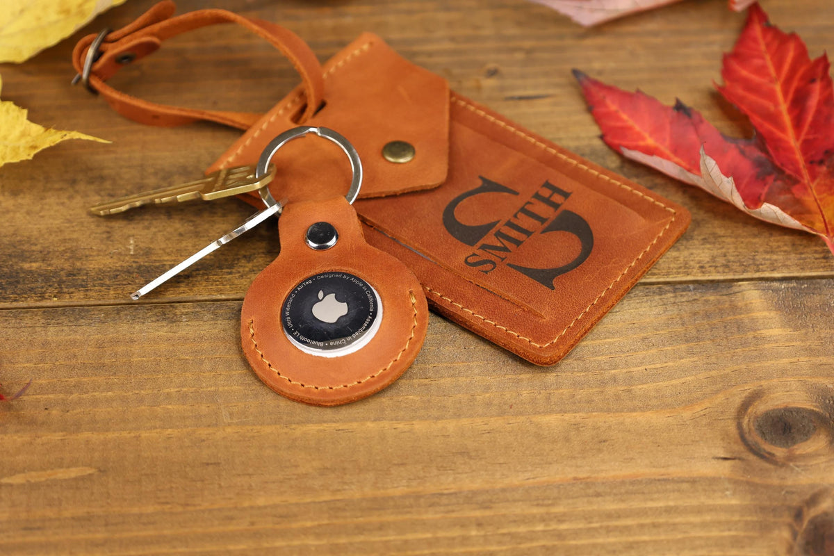 Personalized Leather AirTag Keychain, Minimalist Handmade Holder, Gift for Him — image 1