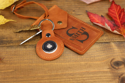 Personalized Leather AirTag Keychain, Minimalist Handmade Holder, Gift for Him — image 1