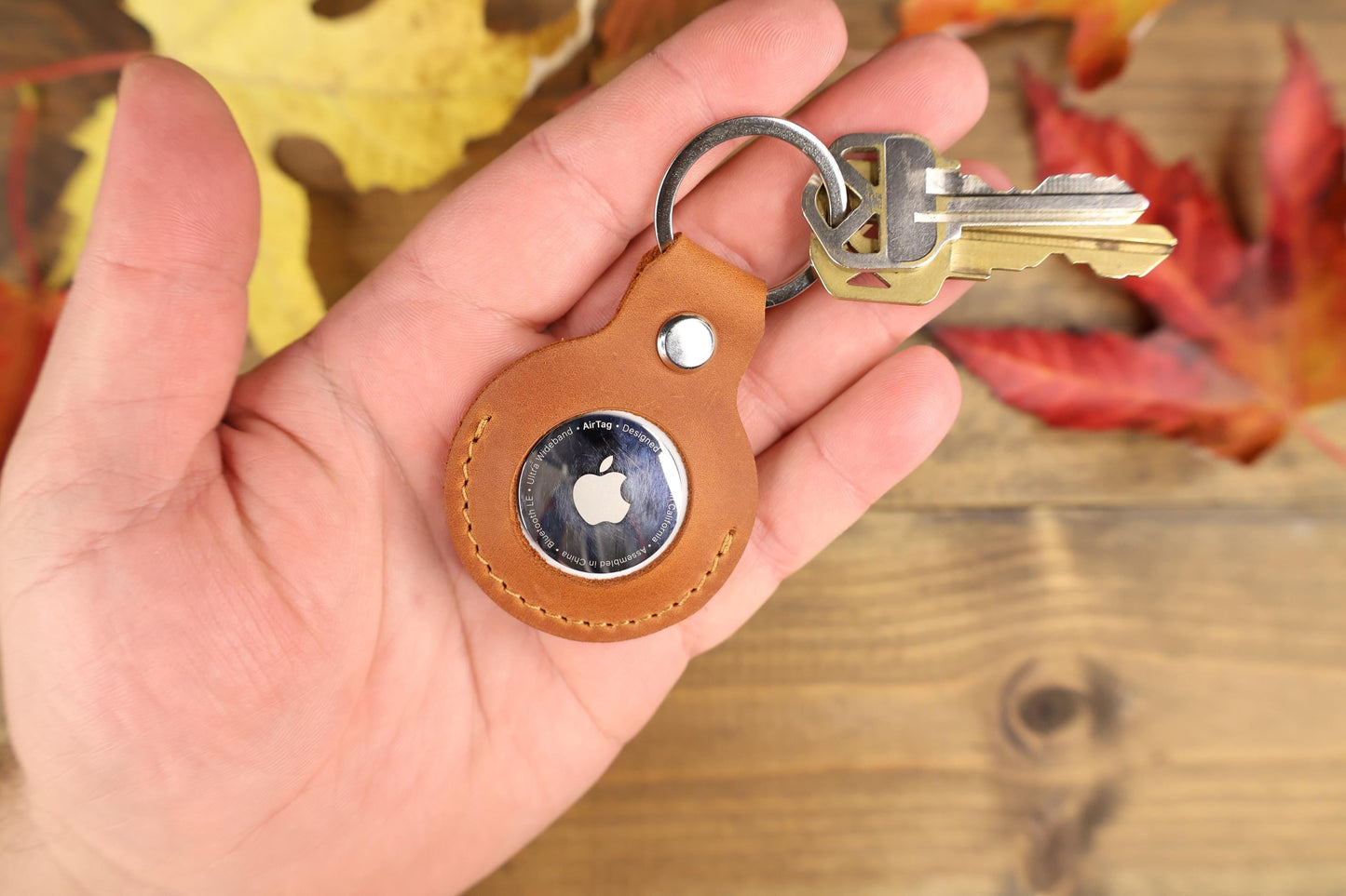 Personalized Leather AirTag Keychain, Minimalist Handmade Holder, Gift for Him — image 3