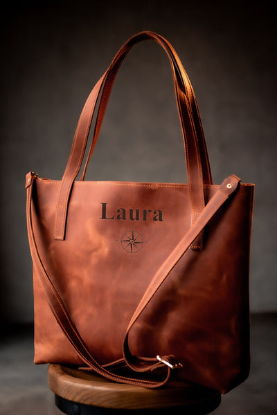 Personalized Brown Leather Tote Bag